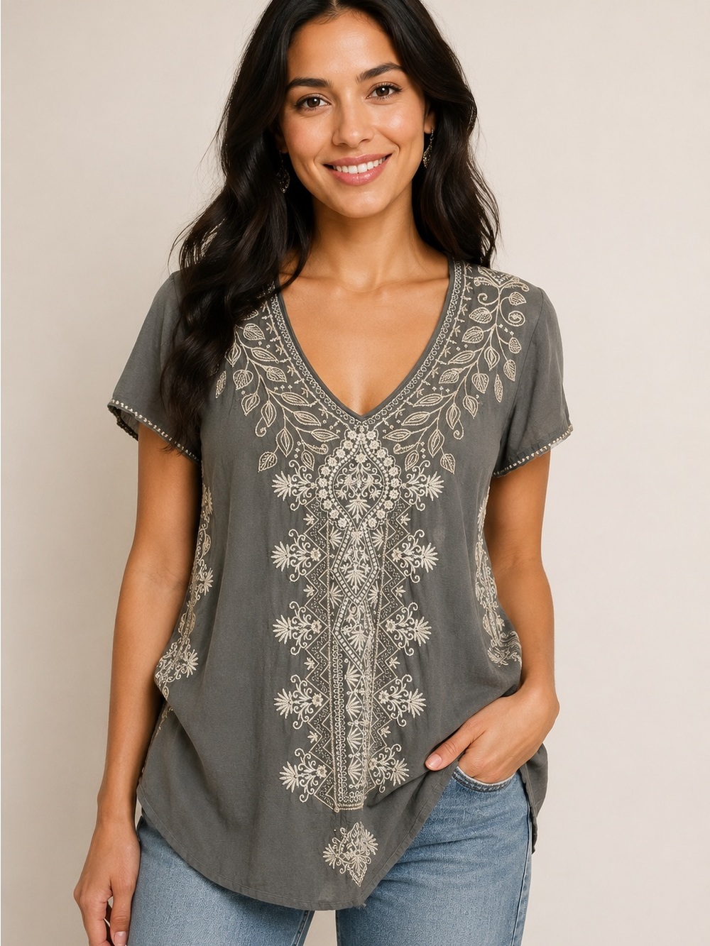 JOHNNY WAS Boho Olive Short-Sleeve Tunic with Cream Embroidery Size XS